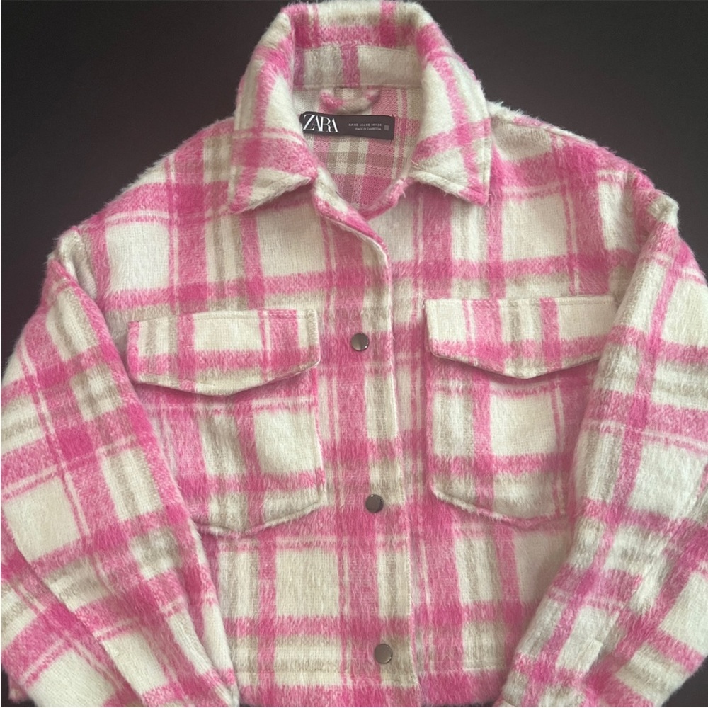 Zara Hot Pink and White Plaid cropped Teddy Jacket